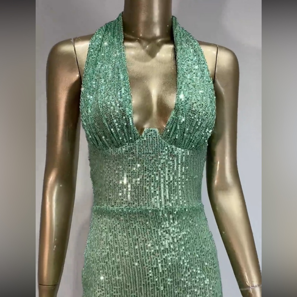 Gorgeous Green Sequin Halter Gown - Picture 6 of 12